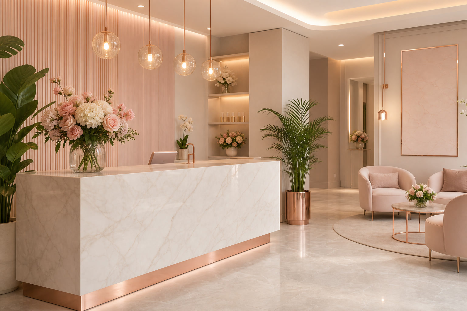 Recepción elegante del centro de estética Geraldin en Bariloche, con mostrador de mármol y detalles rose gold