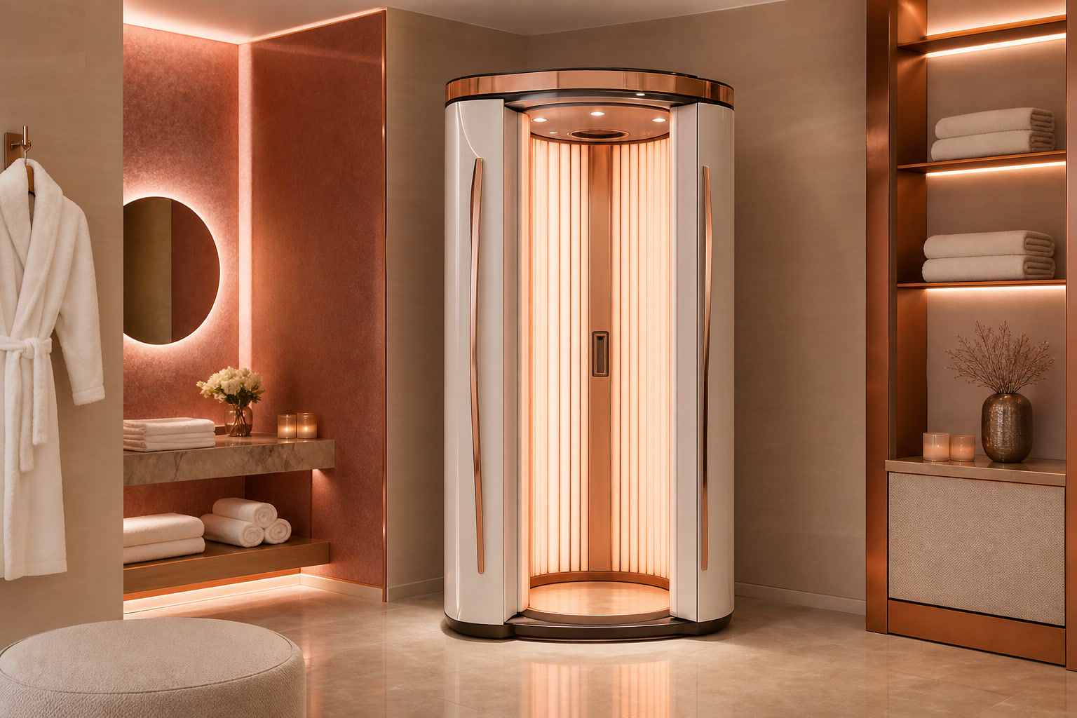 Cabina solar moderna en Estética Geraldin, con interior rose gold y toallas prolijamente dispuestas
