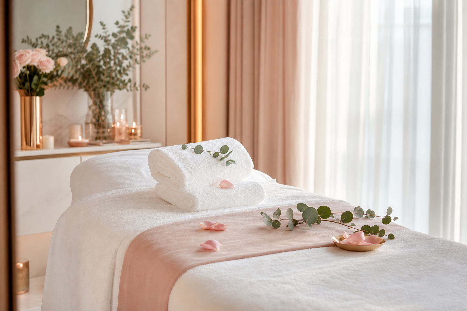 Sala de tratamiento premium en Estética Geraldin, con camilla, toallas y decoración floral en tonos rose gold